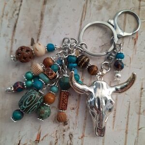 Southwest Cowgirl Purse Charm or Keychain Steer Skull Jasper Agate Handcrafted